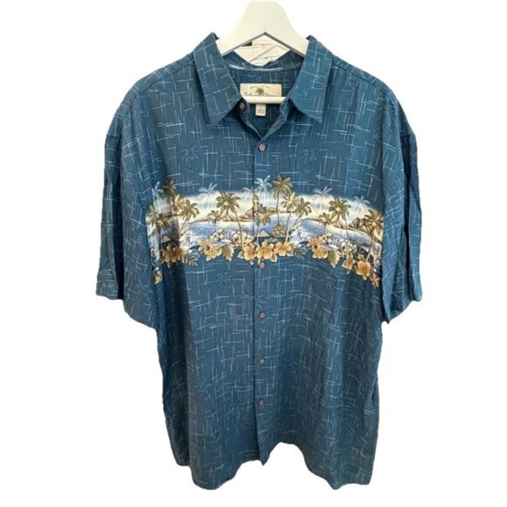 Island Shores Button Up Shirt Mens Sz L Blue Hawaiian Tropical Beach Palm Tree.